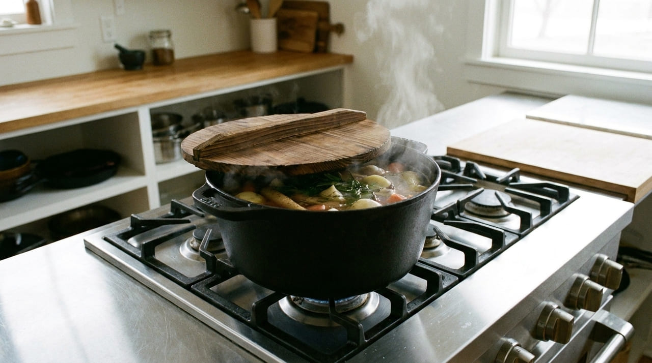 O uso de coberturas pesadas de madeira regula a pressão interna e evita o transbordamento de espuma no fogão.