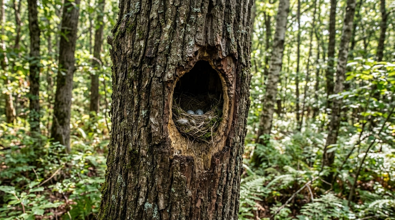 A escavação de troncos pelo pica-pau-preto acelera a reciclagem de nutrientes e garante o equilíbrio do ecossistema florestal.