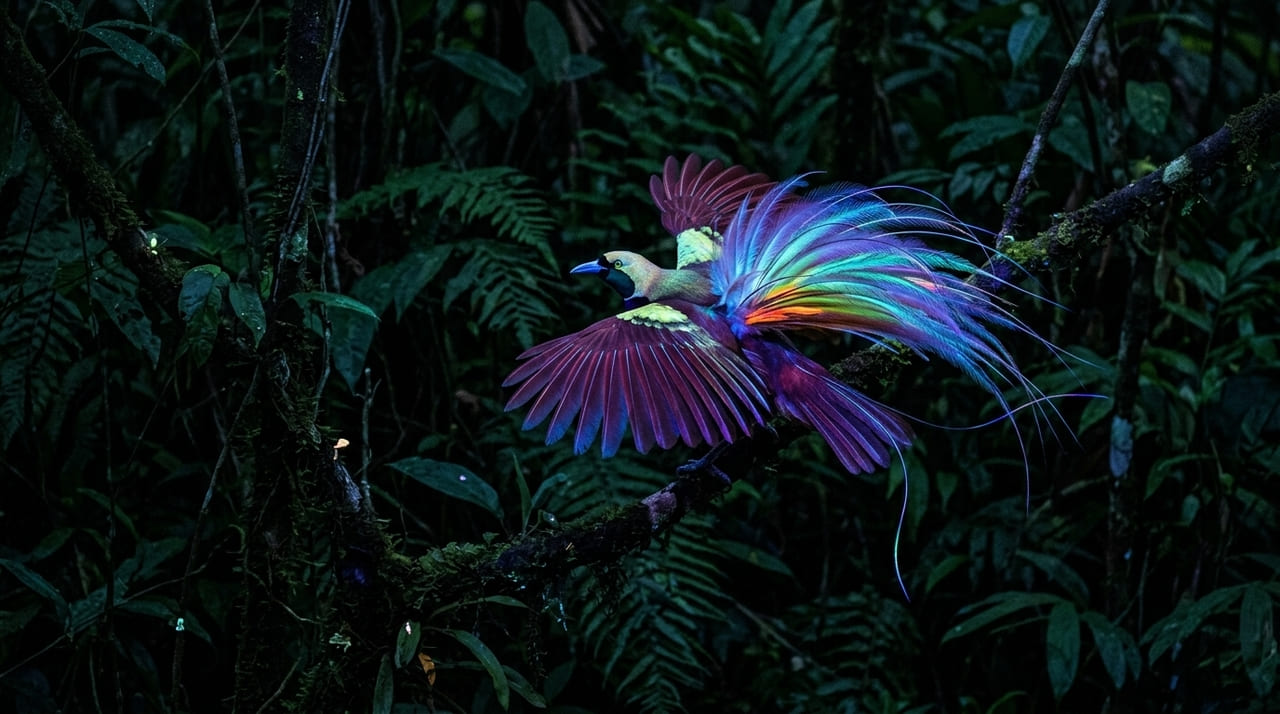 A plumagem dessas aves absorve luz ultravioleta para emitir cores vibrantes invisíveis ao olho humano.