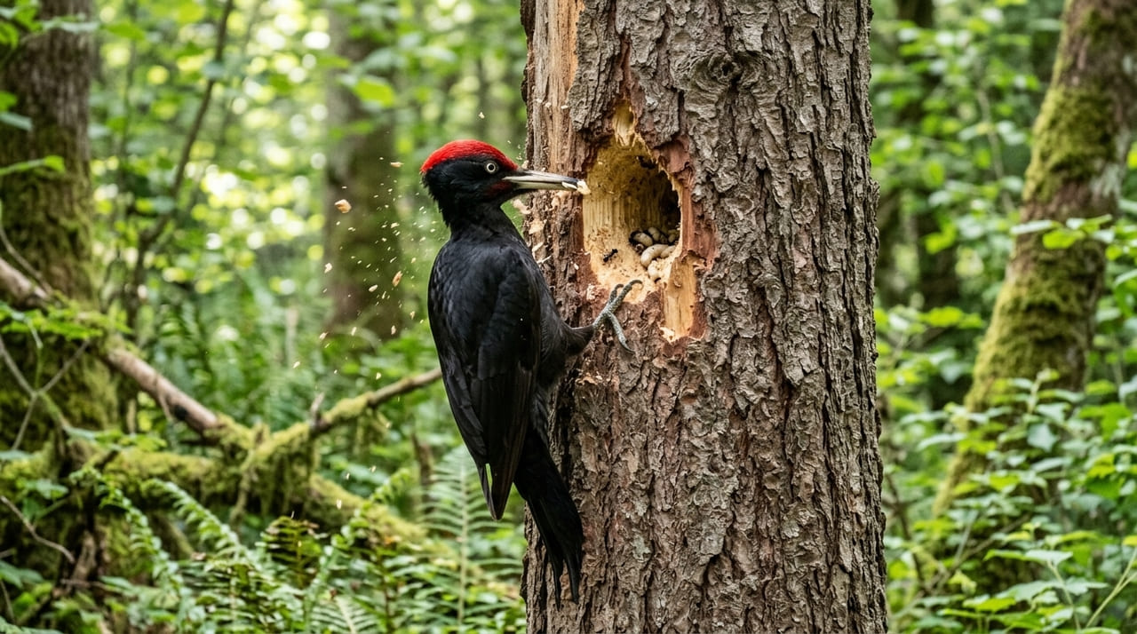 O Dryocopus martius atua como um engenheiro natural que controla pragas e cria abrigos vitais para diversas espécies da floresta.