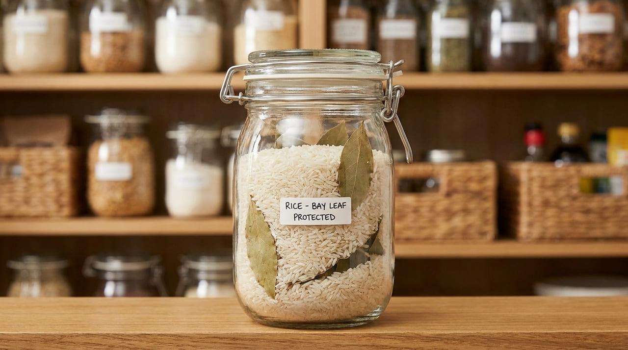 Utilizar folhas de louro e dentes de alho nos potes de mantimentos cria uma barreira natural e eficaz para manter o arroz sempre limpo.