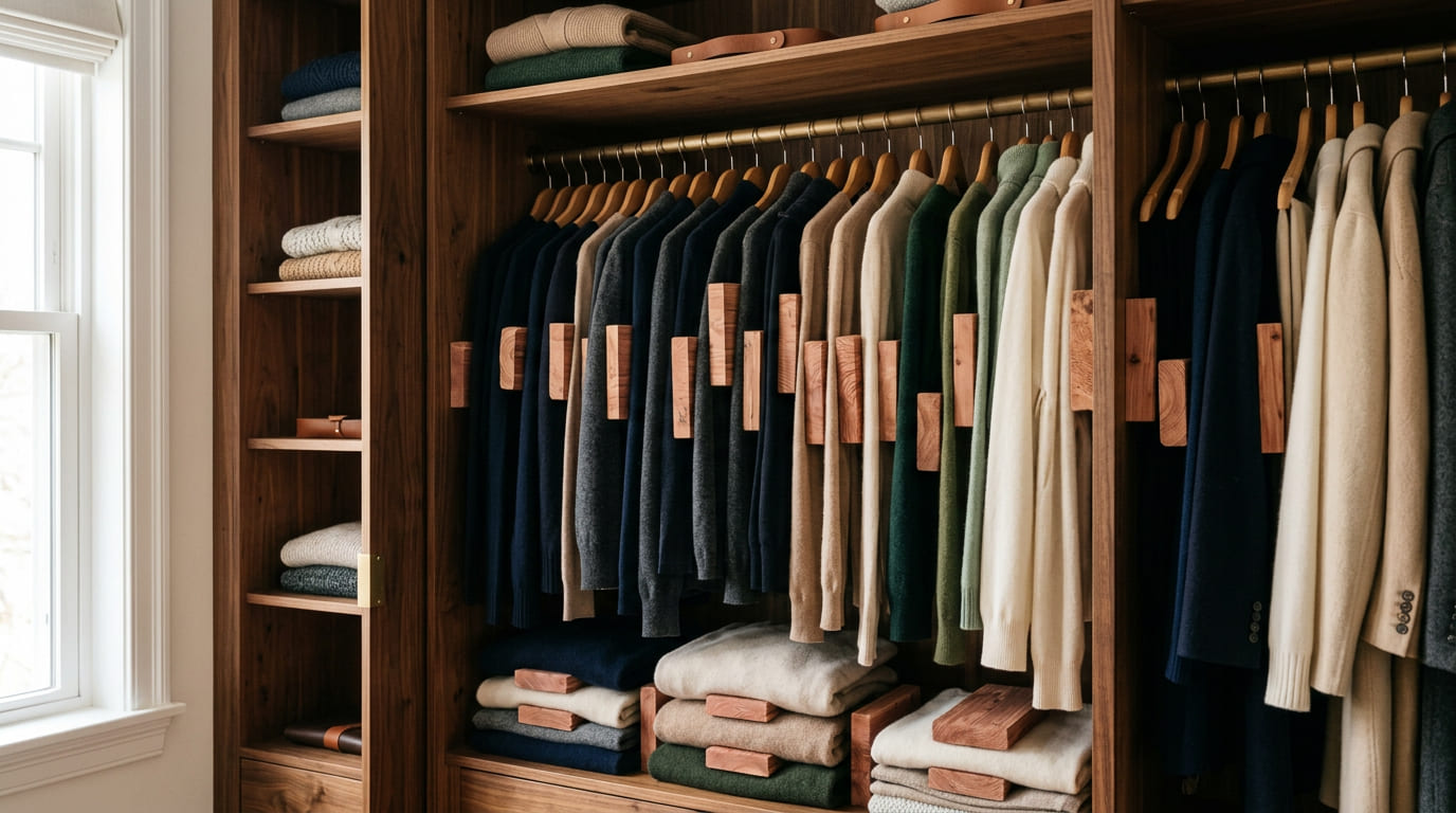 O uso de elementos naturais como a madeira de cedro é o segredo para manter o frescor de tecidos delicados. Essa estratégia tradicional europeia absorve a umidade e protege a integridade estrutural das roupas de luxo sem o uso de produtos químicos agressivos.