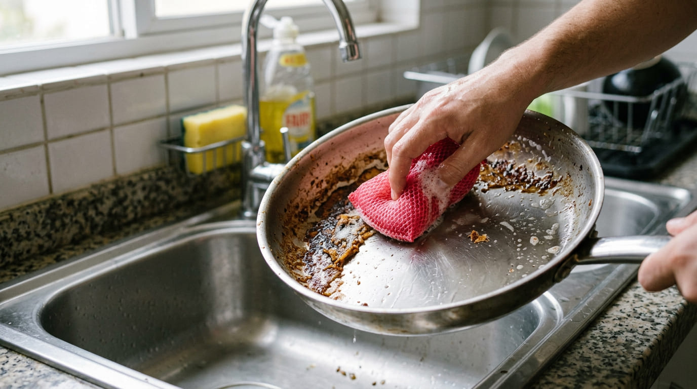 Rede de polietileno esticada sobre uma bancada de cozinha limpa, destacando sua estrutura vazada.