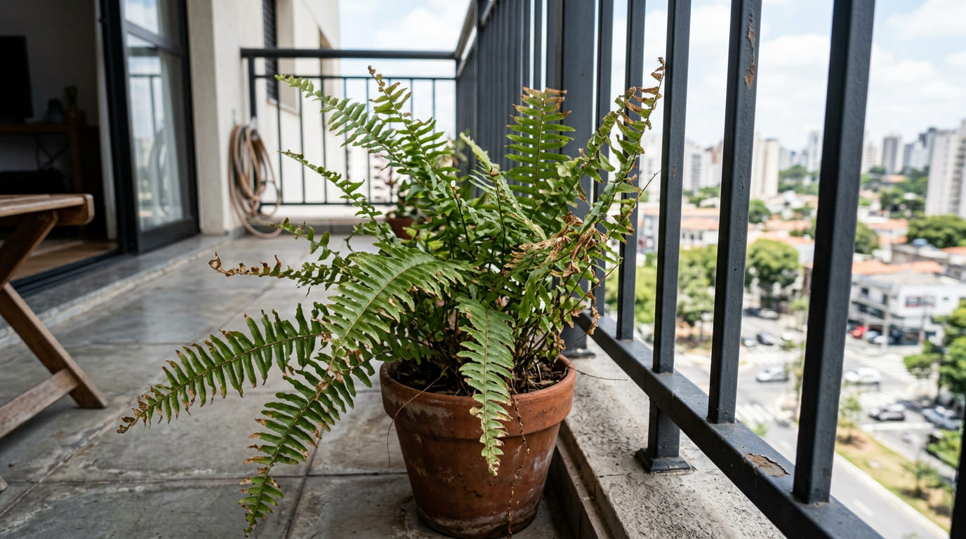 Ventos constantes e ar seco são os maiores inimigos das samambaias, causando desidratação e quebra das folhas. Criar barreiras físicas e agrupar vasos ajuda a preservar o microclima ideal para o desenvolvimento pleno da planta.
