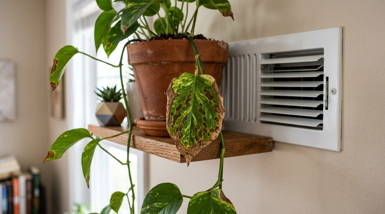 Manter a umidade ambiental é fundamental para evitar que correntes de ar frio ressequem as folhas da sua planta.