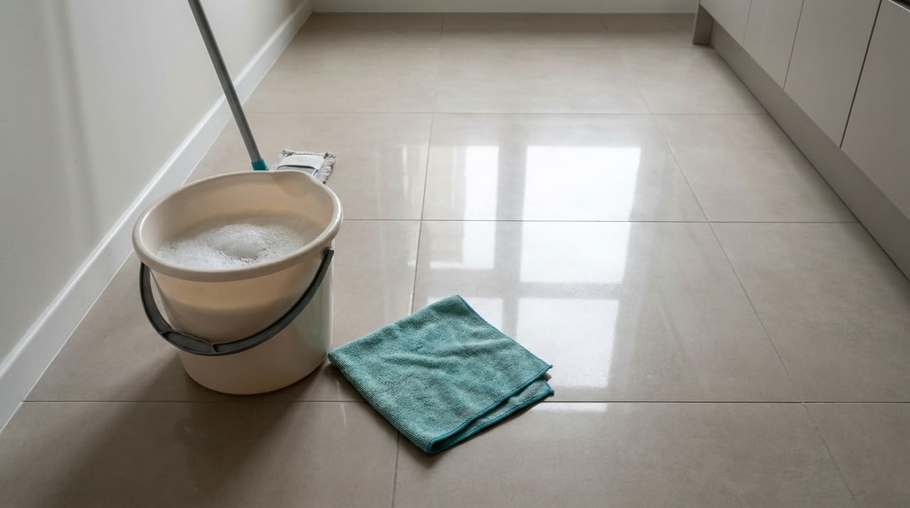 A utilização de produtos com pH neutro e cerdas macias é fundamental para evitar manchas químicas e riscos permanentes no seu piso.