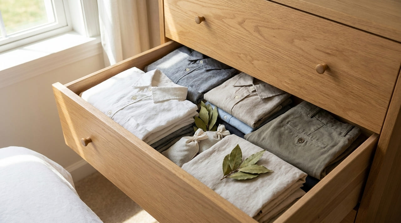 O uso de folhas de louro cria uma barreira sofisticada que protege tecidos nobres contra danos e agentes externos.