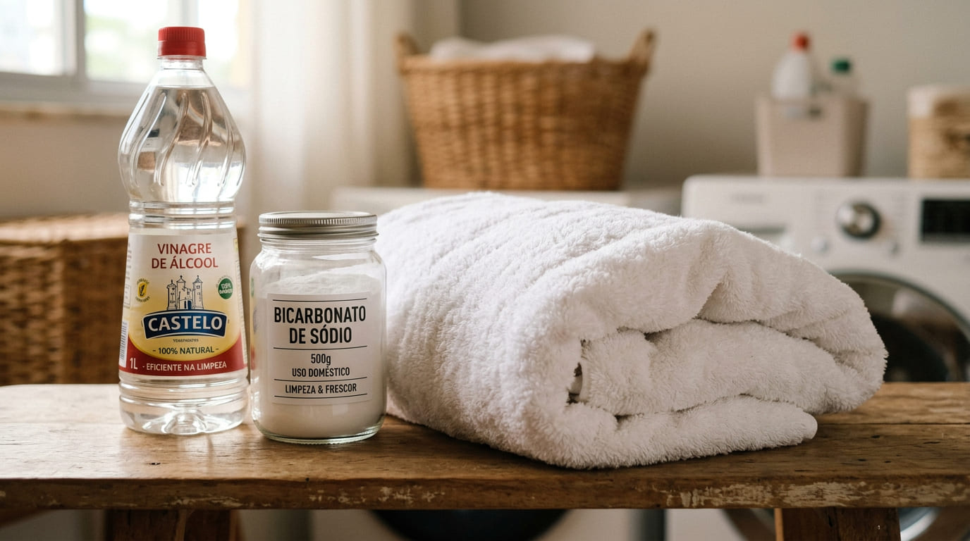 Garrafa de vinagre de álcool e pote de bicarbonato de sódio ao lado de uma máquina de lavar.