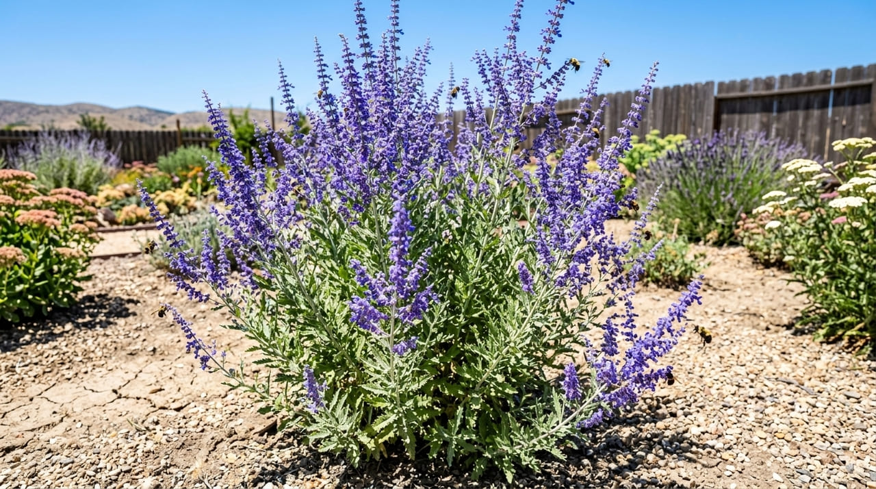 A sálvia russa resiste ao calor intenso e oferece néctar abundante para abelhas e borboletas.