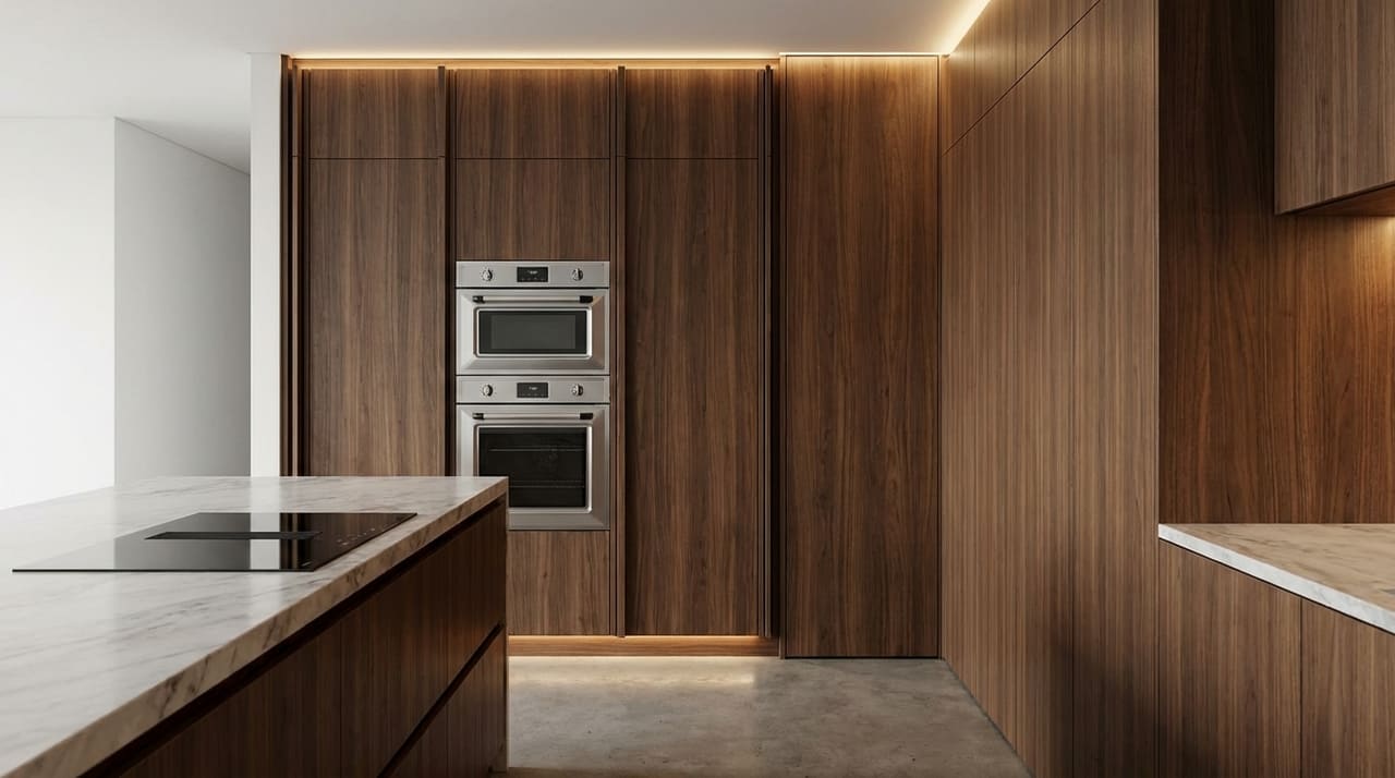 A continuidade visual dos armários permite esconder a complexidade da rotina doméstica com extrema naturalidade e luxo.