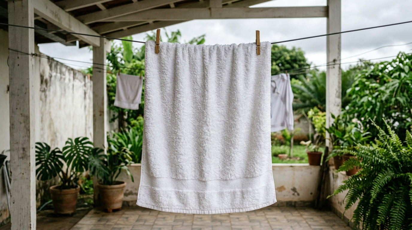 Close em toalhas brancas de algodão com textura macia e felpuda empilhadas.