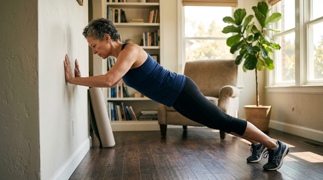 Movimentos simples como a extensão de cotovelos e flexão na parede tonificam os músculos e protegem as articulações.