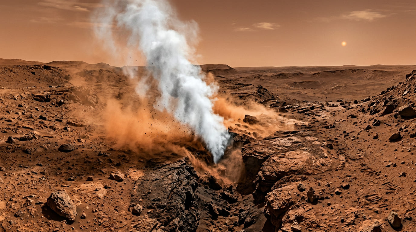 A detecção de plumas de vapor no solo marciano revela uma dinâmica geológica inesperada, indicando que reservatórios subterrâneos de gelo podem estar sujeitos a sublimações violentas que impactam a segurança de futuras missões.