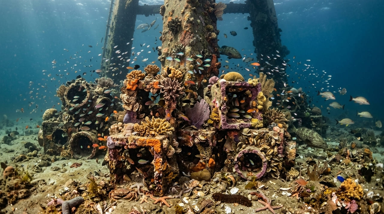 A instalação de cubos de recife em fundações de turbinas protege a fauna marinha e estimula o crescimento de ecossistemas complexos.