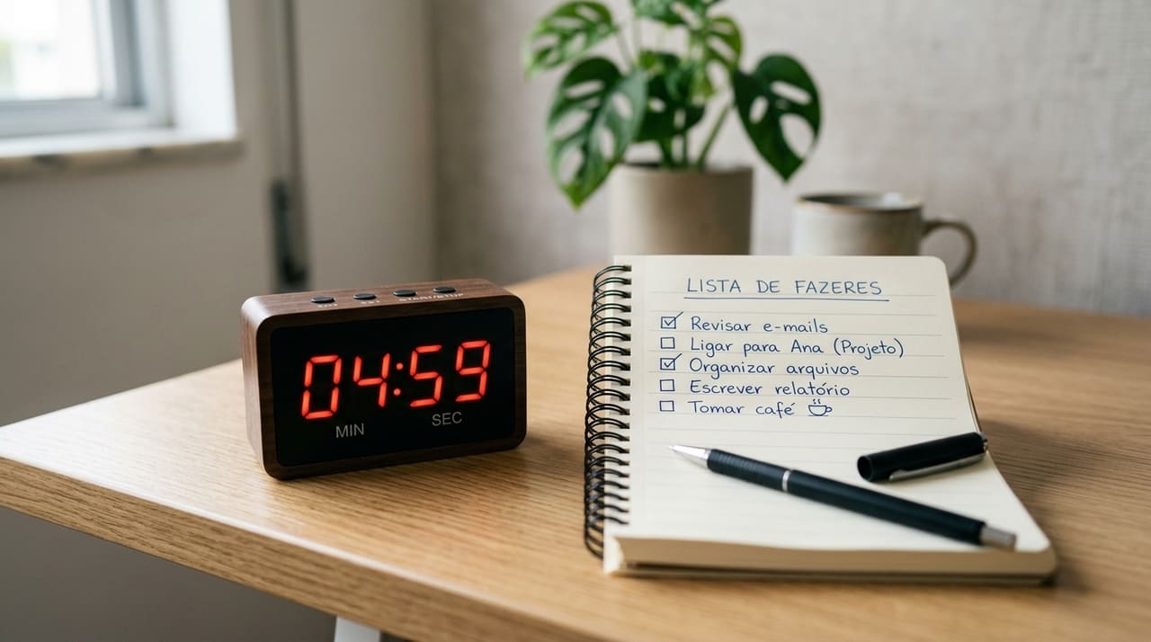 O planejamento prévio de cinco minutos organiza as ideias e evita a sobrecarga cognitiva logo no começo do trabalho.