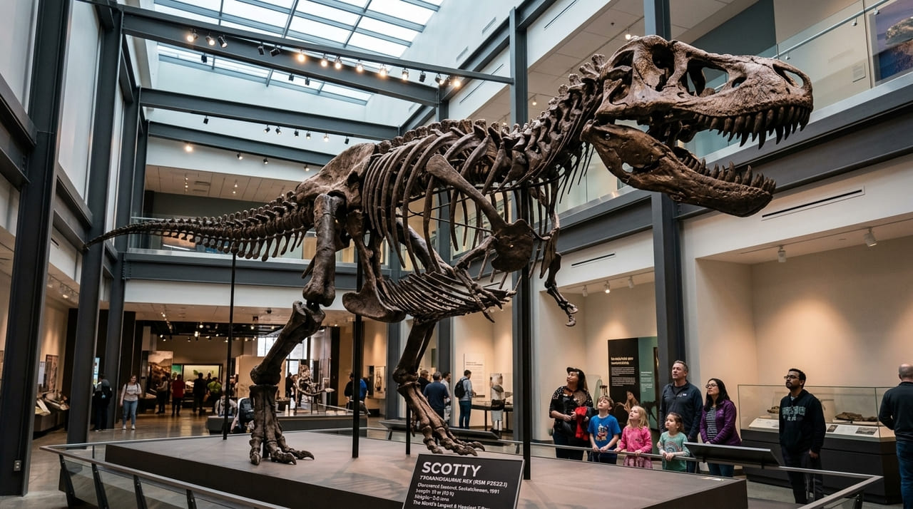 Cicatrizes e ossos curados no esqueleto de Scotty contam a história de décadas de combates e sobrevivência no ambiente pré-histórico.