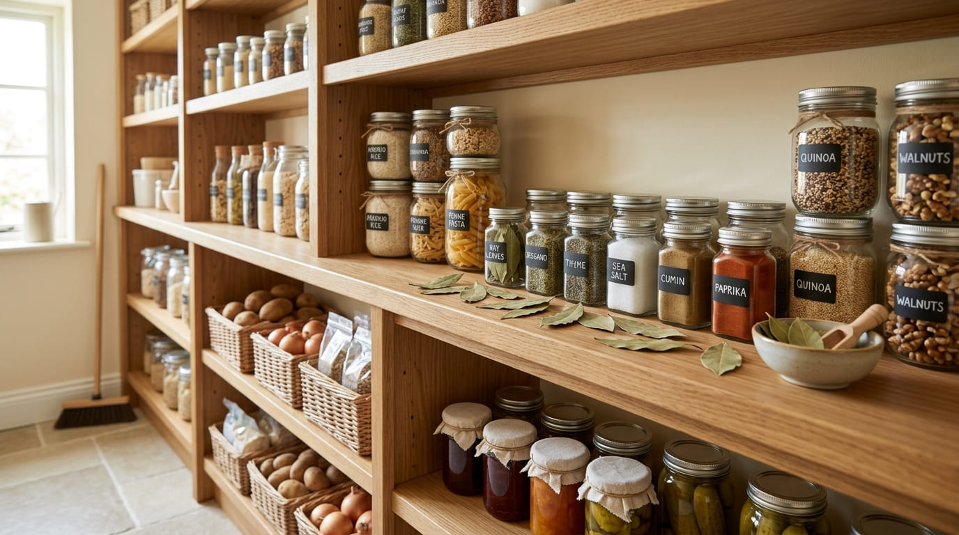 O uso de métodos naturais como folhas de louro e óleos essenciais garante uma despensa livre de invasores e protegida contra contaminações químicas.