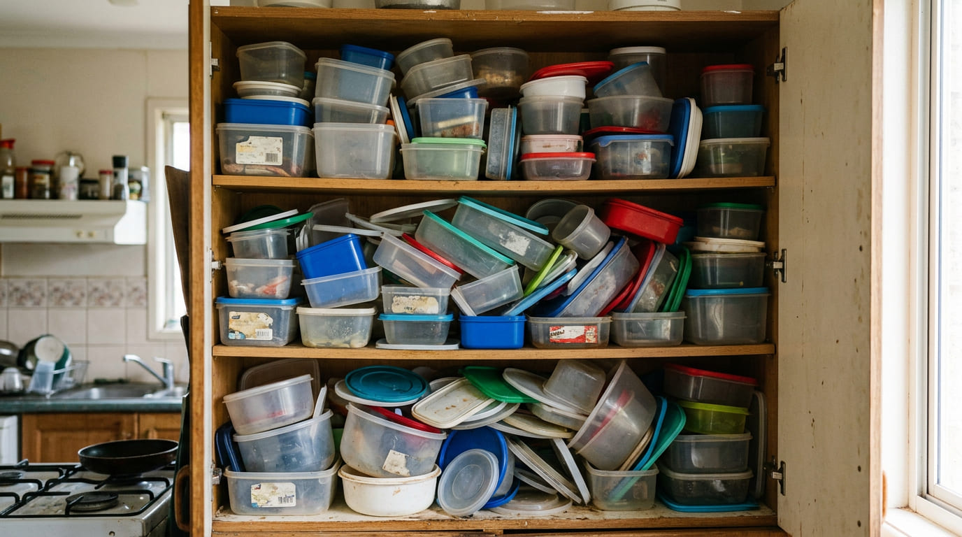 Armário de cozinha com prateleiras organizadas e poucos recipientes bem empilhados.