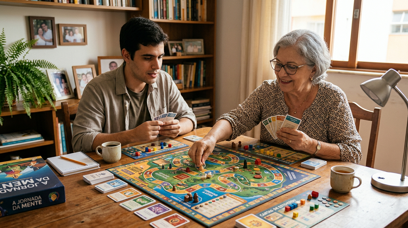 Avó e neto caminhando de mãos dadas em um parque ensolarado com árvores ao fundo.