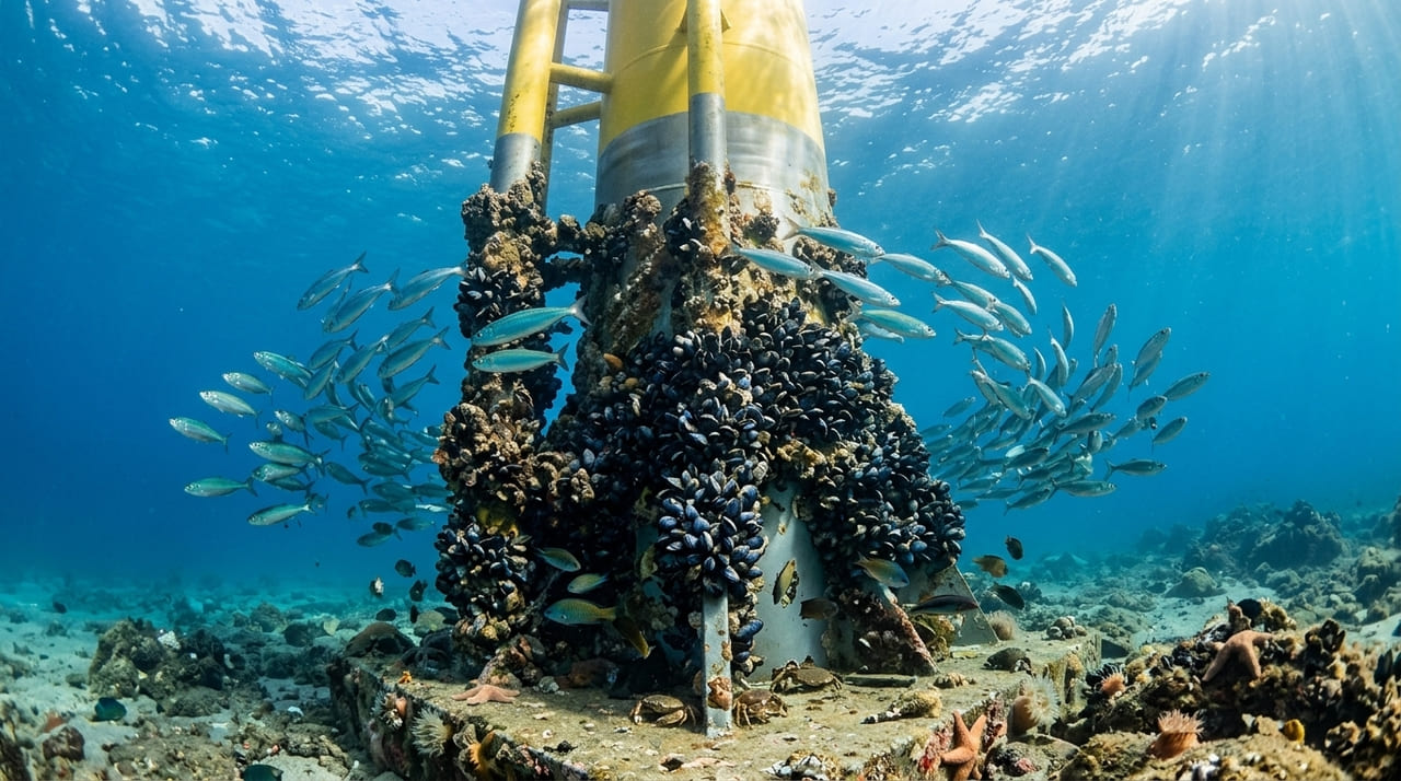 Estruturas de parques eólicos offshore funcionam como recifes artificiais que transformam áreas estéreis em oásis de biodiversidade.