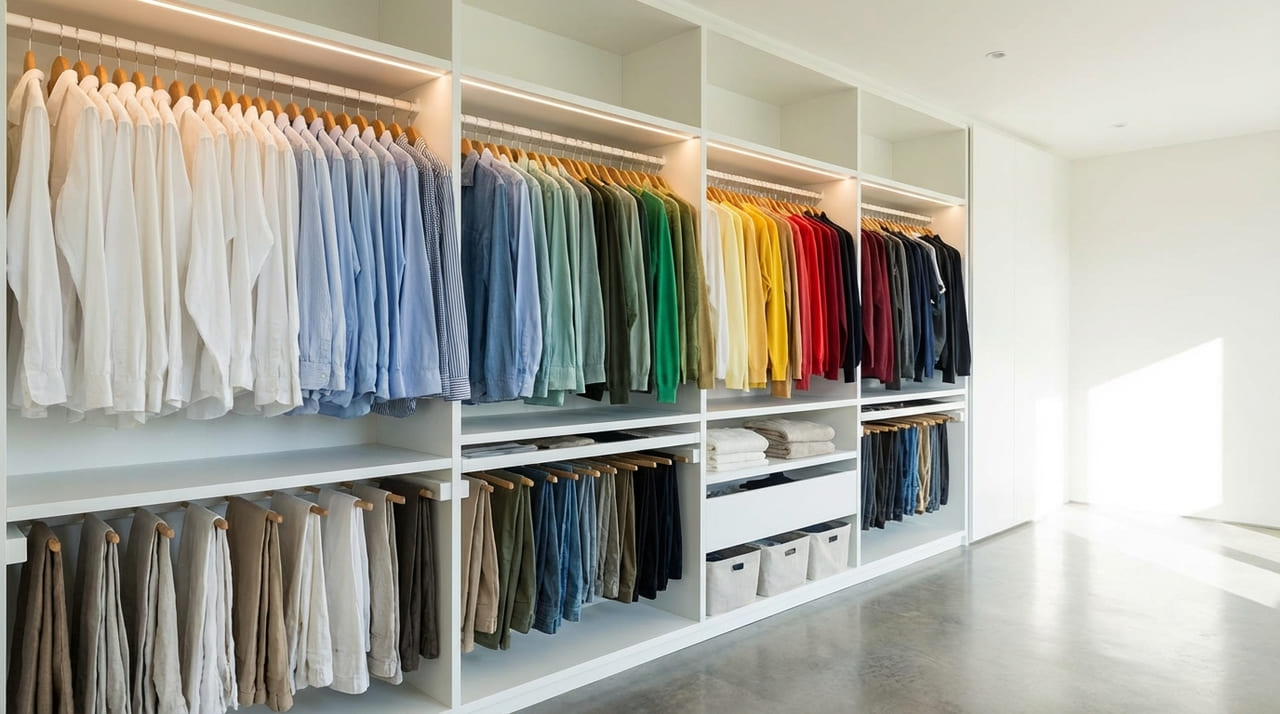 A padronização visual do guarda-roupa funciona como uma âncora psicológica que reduz a ansiedade e promove clareza mental logo ao despertar.