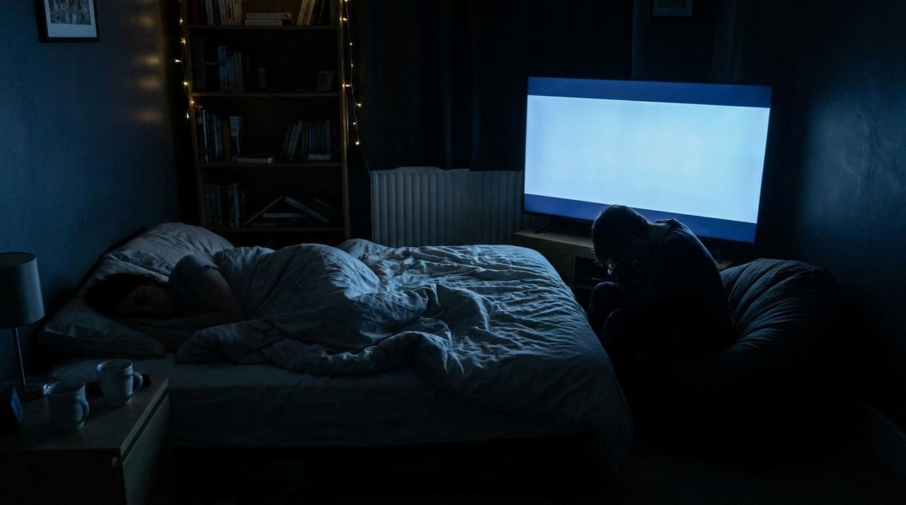 A televisão durante a madrugada atua como um escudo contra pensamentos acelerados, criando um ambiente sonoro previsível que facilita o relaxamento inicial.