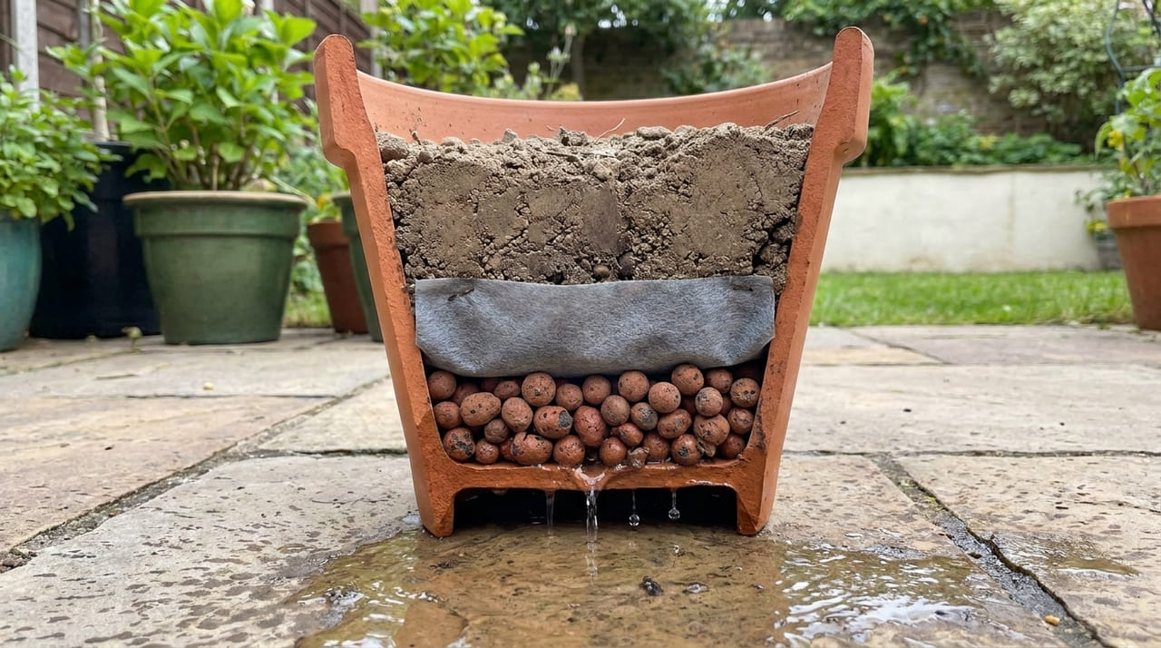 Um sistema de escoamento eficiente evita o apodrecimento das raízes e garante que a planta absorva oxigênio adequadamente.