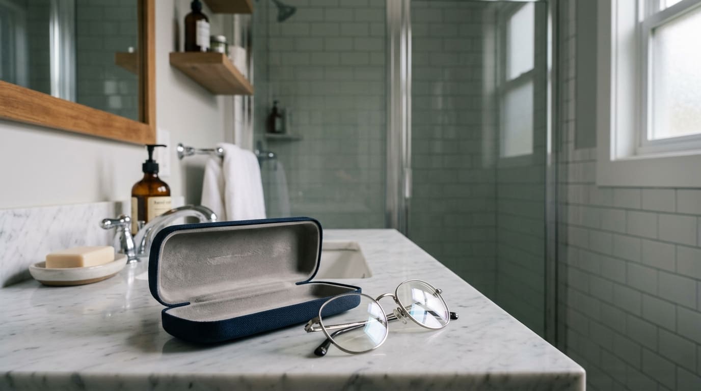 O vapor e a umidade do banheiro são inimigos da durabilidade das armações e lentes. O contato frequente com o calor e resíduos de higiene pode causar deformações, microfissuras e comprometer os tratamentos protetores essenciais para uma visão nítida.