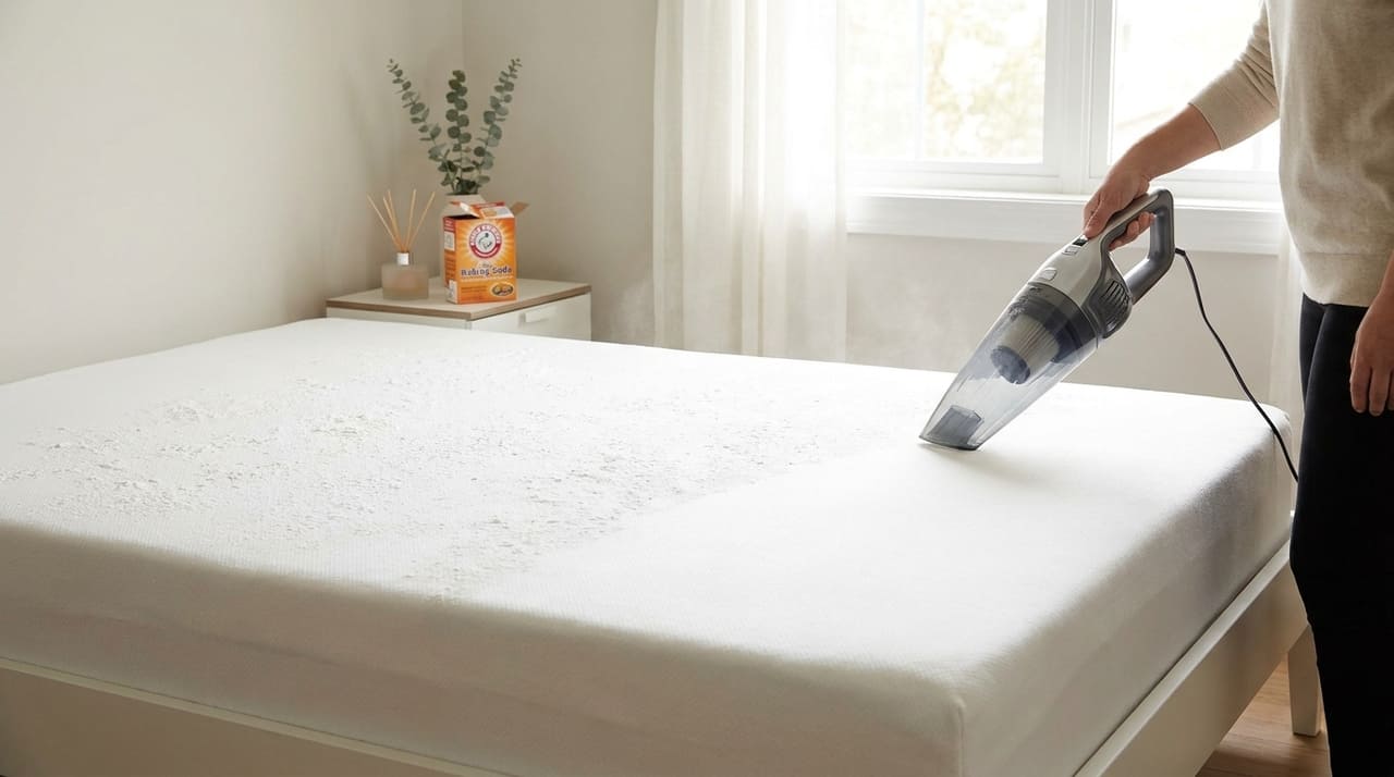 A aplicação mensal de bicarbonato de sódio combate a umidade e elimina ácaros para garantir uma noite de descanso saudável.