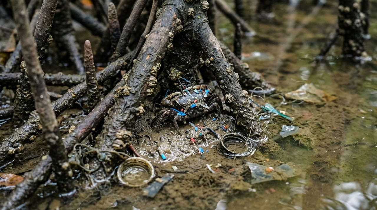 Pequenos crustáceos nos manguezais colombianos funcionam como filtros biológicos involuntários, concentrando altos níveis de poluição sintética.