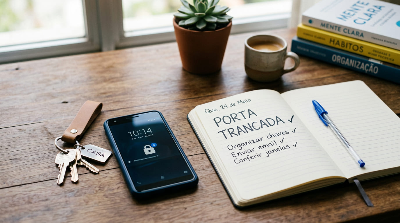 Pessoa parada em frente à porta de casa com expressão pensativa antes de sair para o trabalho.