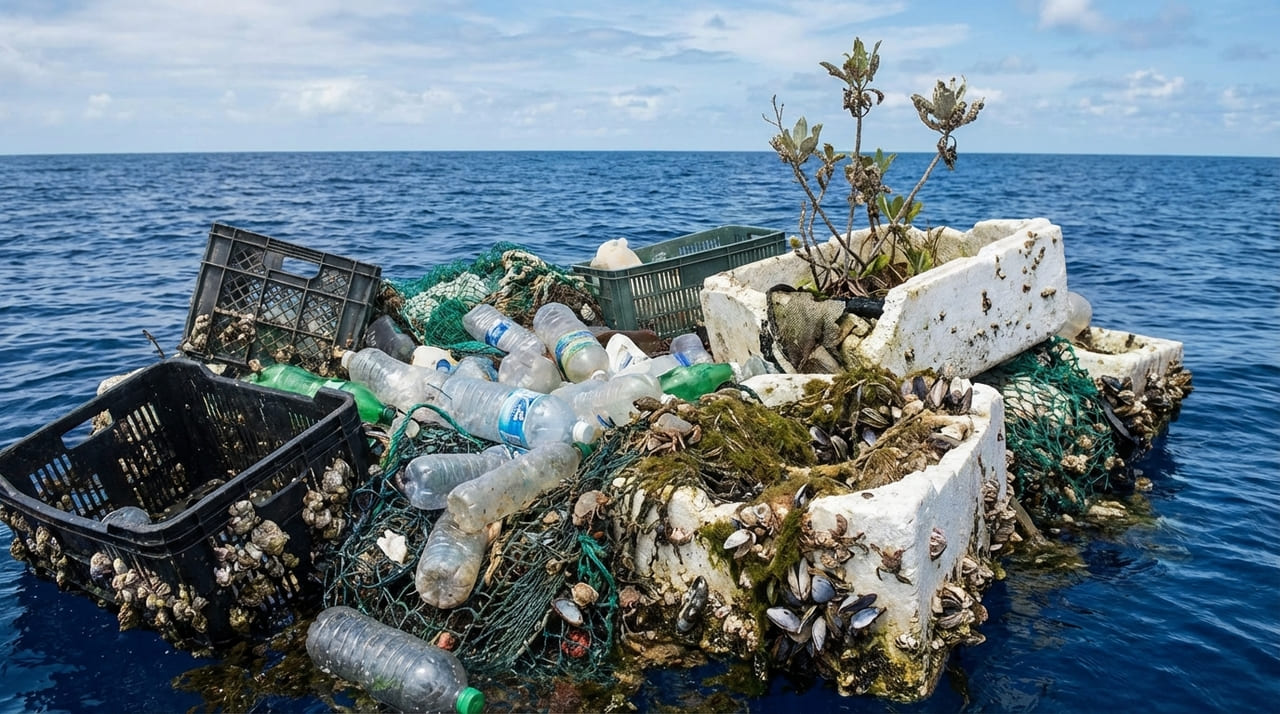 A dispersão de detritos sintéticos cria corredores biológicos artificiais que transportam organismos invasores e alteram a dinâmica trófica marinha.
