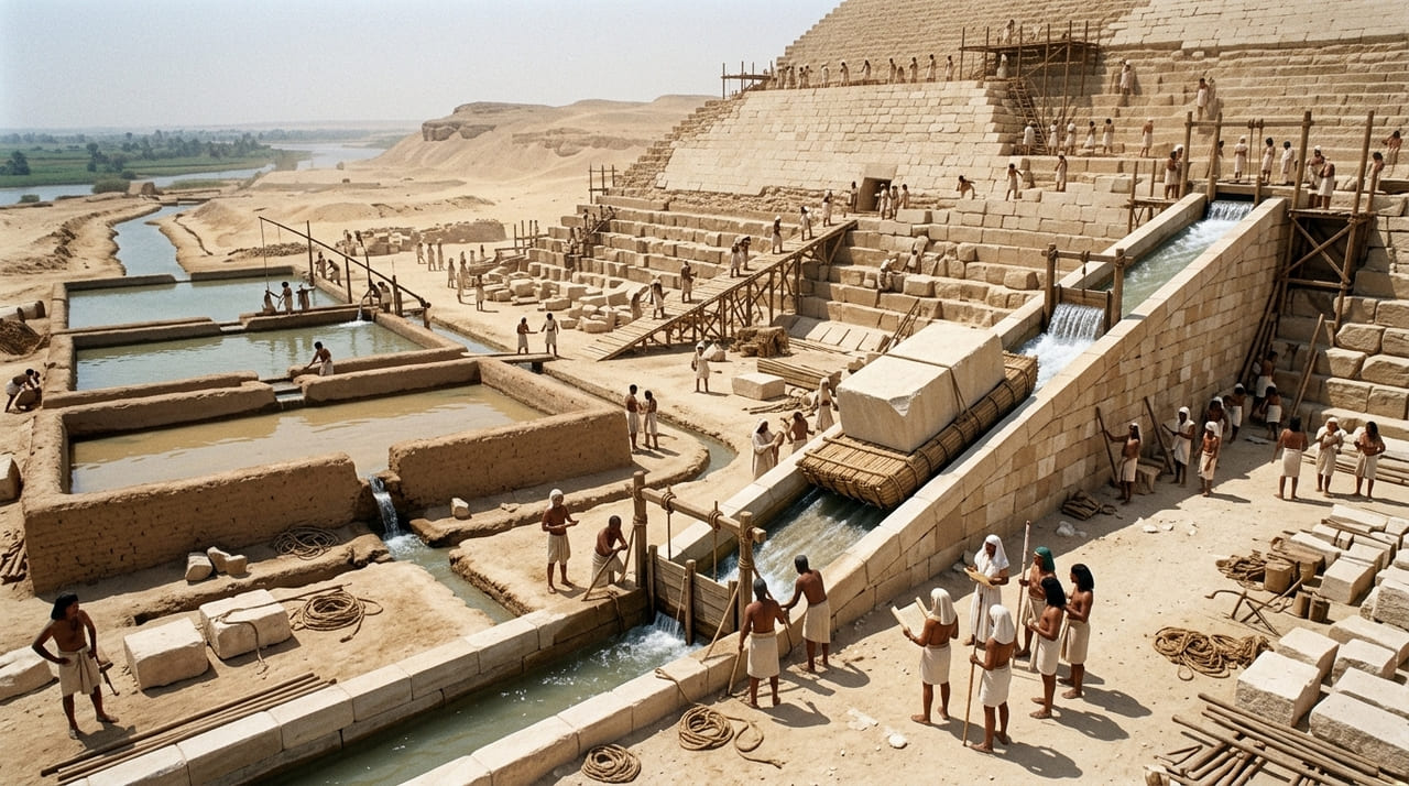 O controle do fluxo de água permitiu a elevação de blocos massivos e a precisão milimétrica na construção das estruturas em Saqqara.