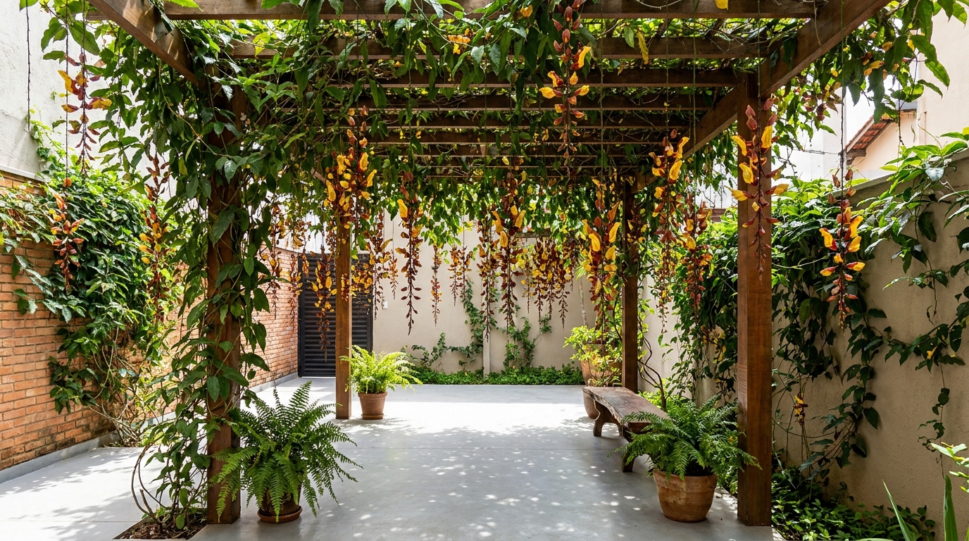 A ocupação inteligente de áreas verticais garante um jardim exuberante sem comprometer o espaço de circulação.