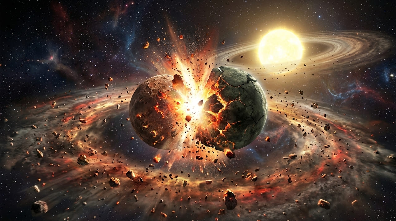 O impacto violento entre dois mundos a 11 mil anos-luz gerou uma nuvem de poeira e calor detectada por telescópios.