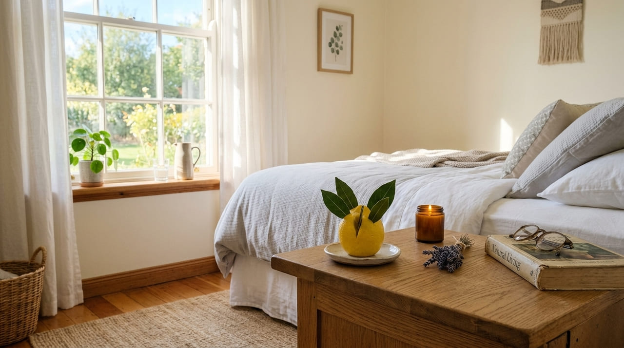 A combinação de limoneno e cineol ajuda a diminuir a agitação mental e promove a purificação natural do ar no dormitório.