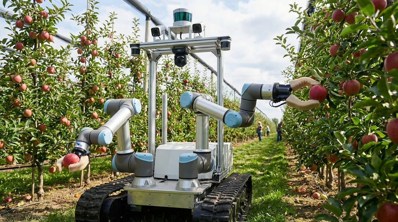 Sistemas autônomos equipados com visão computacional estão substituindo o trabalho braçal, garantindo uma colheita com precisão industrial e sem desperdícios.