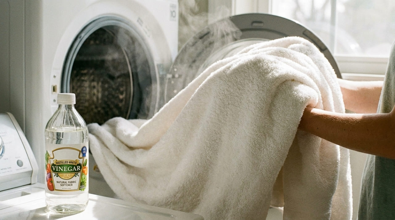 O vinagre branco atua como um amaciante natural que remove resíduos de sabão e devolve o volume original às fibras de algodão.