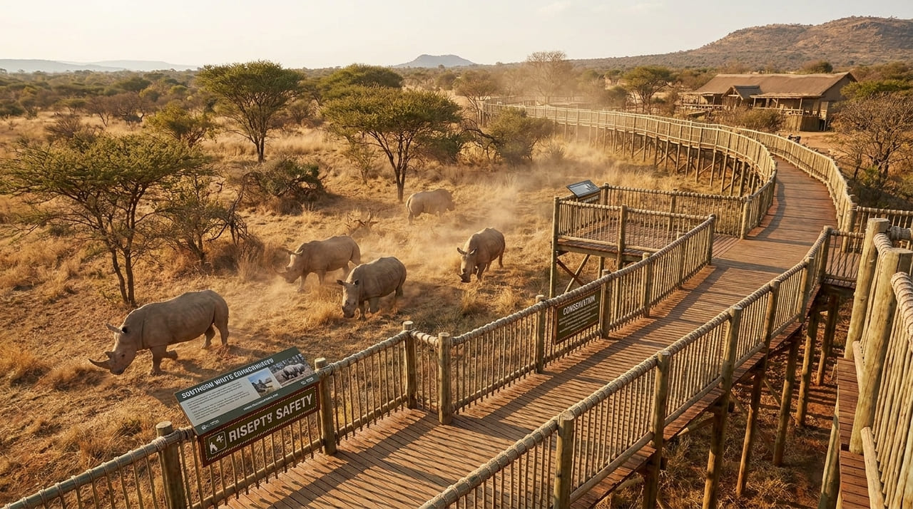 O complexo hoteleiro de 46 milhões de dólares integra suítes premium a uma savana artificial para oferecer uma experiência imersiva de observação.