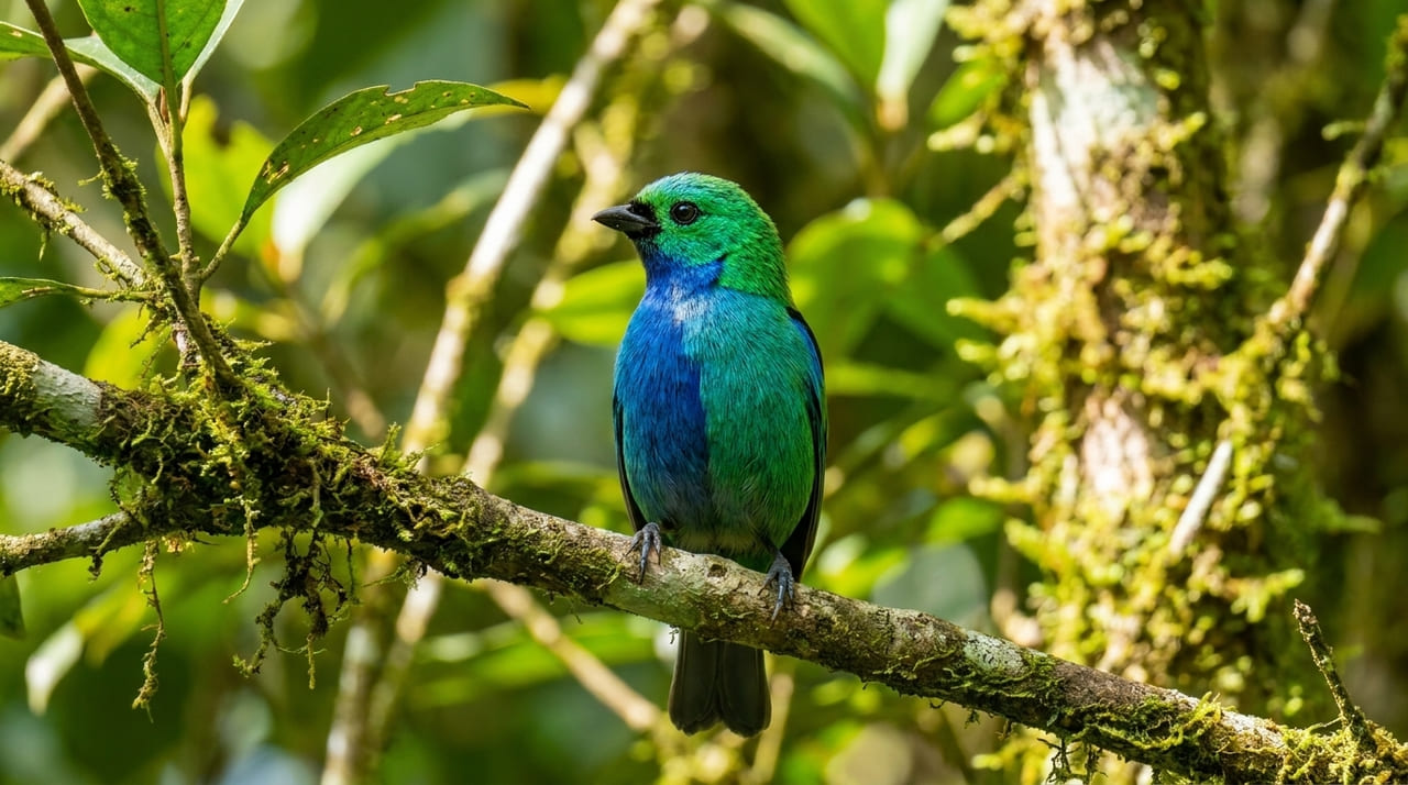 Um exemplar de saí-verde com ginandromorfismo bilateral apresenta plumagem azul e verde dividida perfeitamente ao meio.