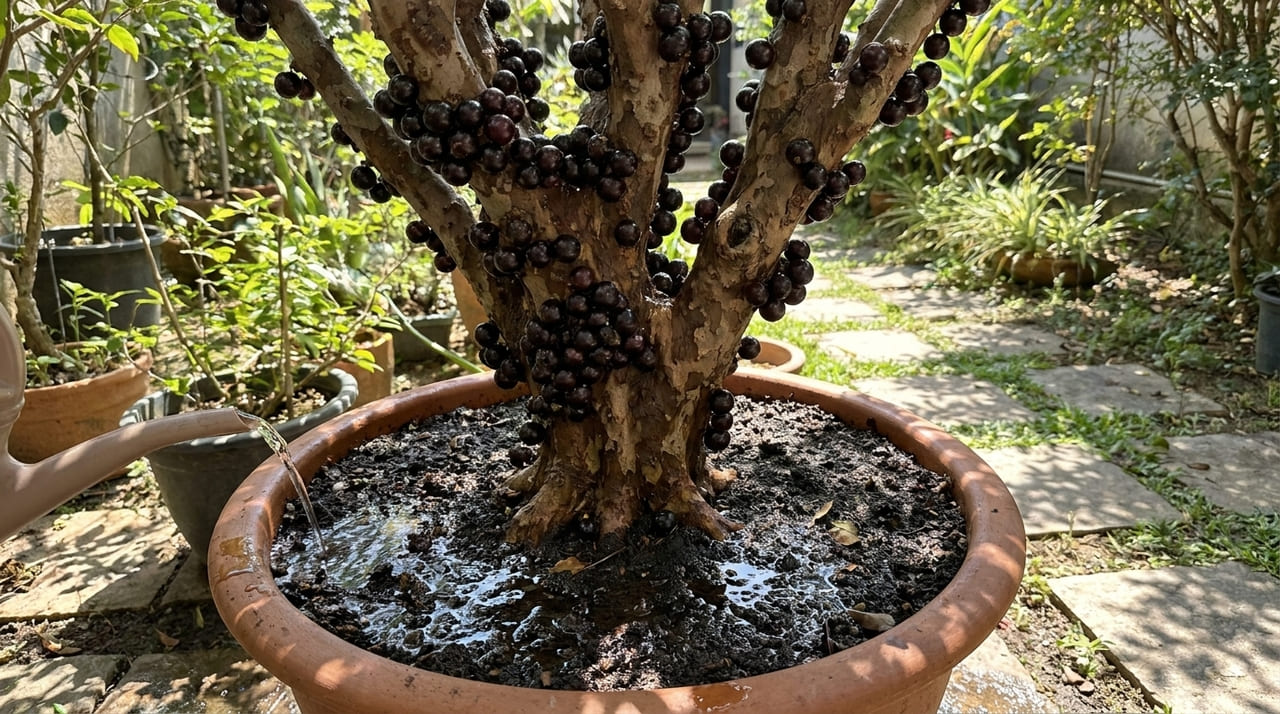 O segredo para a saúde da jabuticabeira em vasos é manter o solo sempre úmido para proteger suas raízes finas e superficiais.