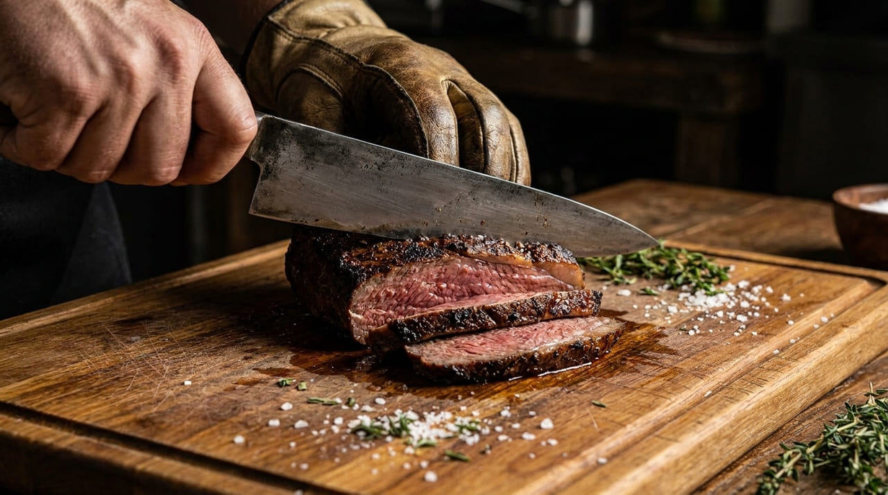 Manter o ângulo correto e a consistência no movimento garante um gume impecável para cortes precisos em qualquer proteína.