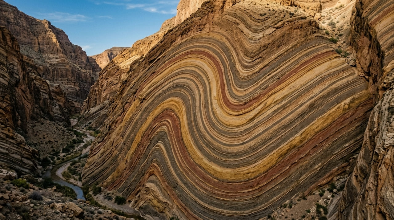 Camadas sedimentares milenares exibem deformações plásticas que desafiam as teorias tradicionais sobre a resistência das rochas.