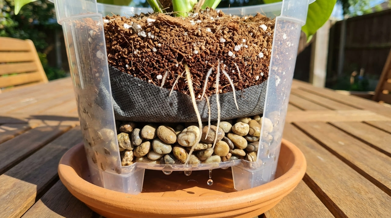 Um sistema de escoamento bem planejado permite que as raízes respirem e evita o apodrecimento da base das folhas.