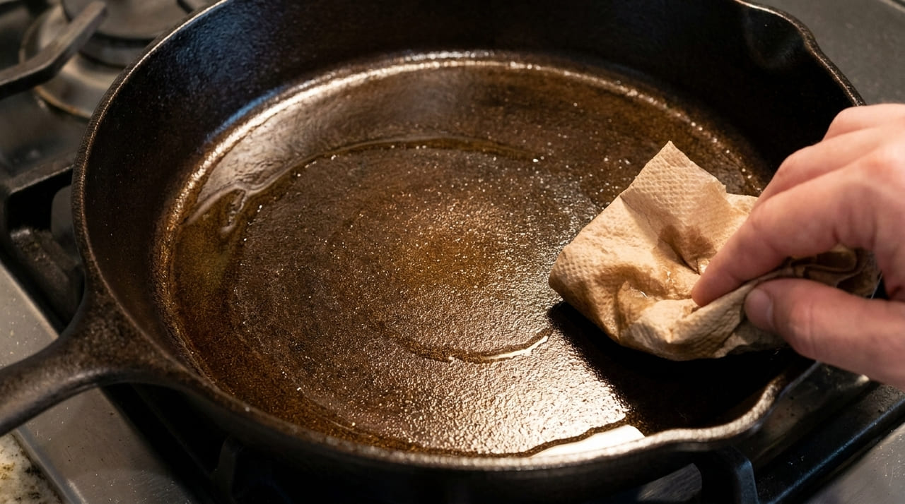 A impermeabilização com óleo vegetal preenche os poros do ferro e preserva as propriedades antiaderentes da peça.