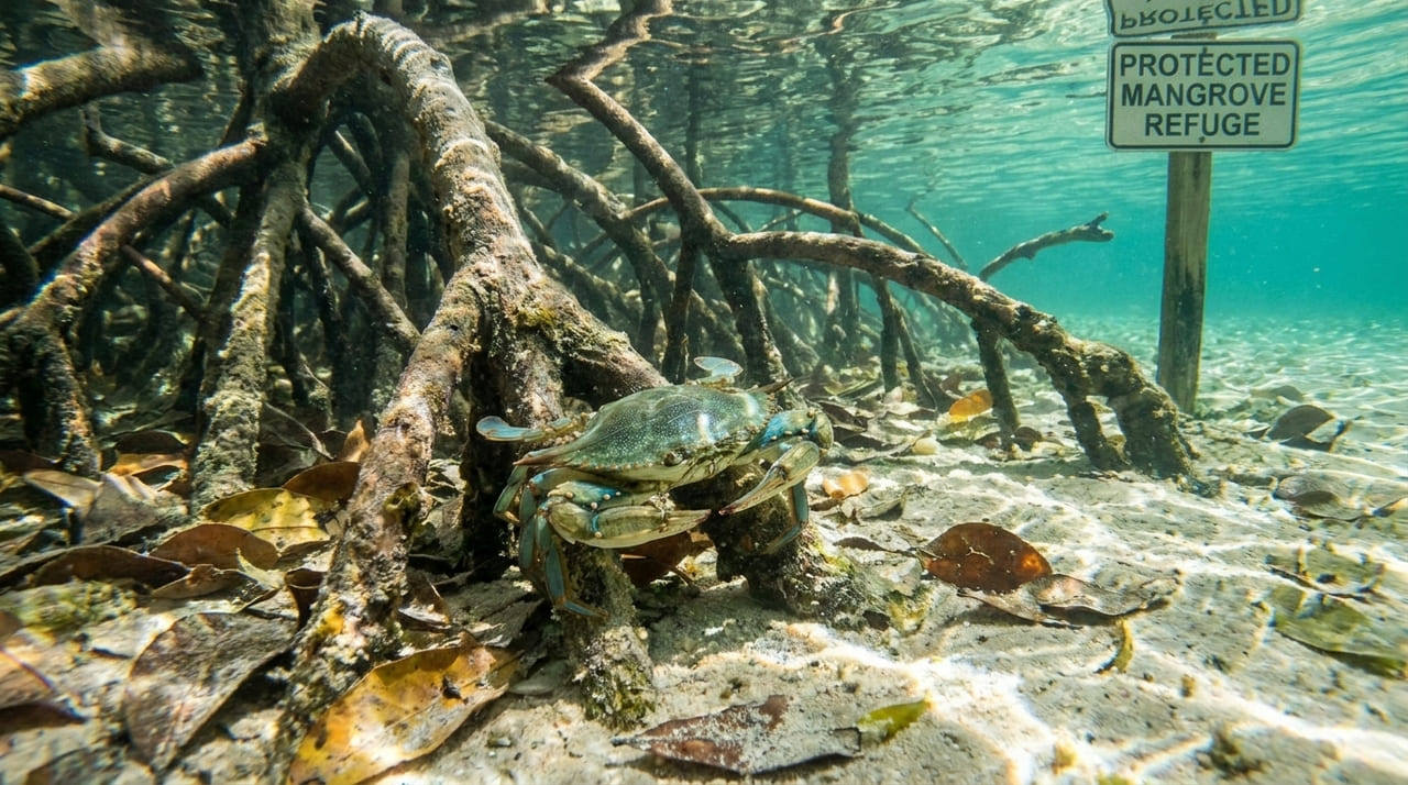Zonas costeiras de baixa profundidade funcionam como refúgios seguros que protegem as larvas de caranguejo azul de predadores e do canibalismo.