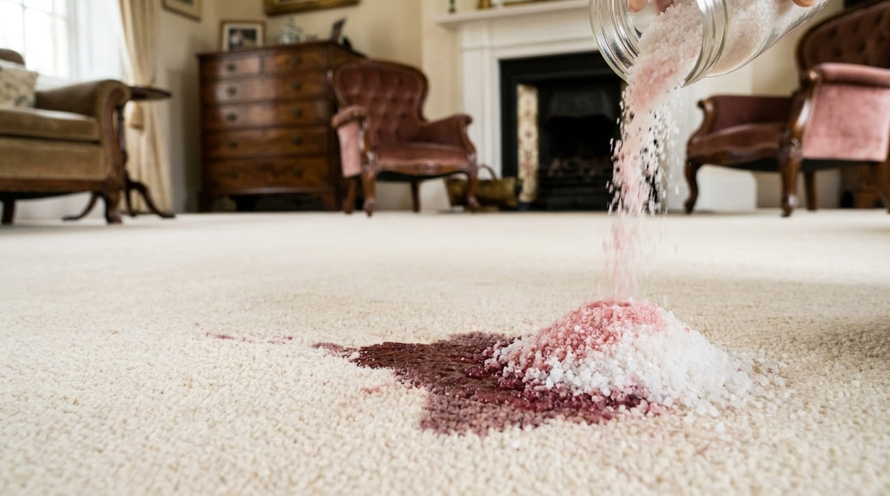 O sal refinado atua como uma esponja que absorve o pigmento do vinho antes que ele se fixe nas fibras do tecido.