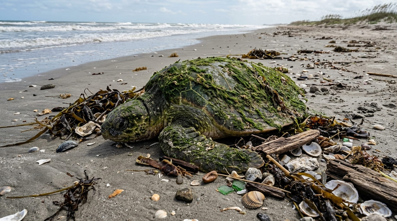 Um exemplar da tartaruga-de-kemp foi encontrado coberto por algas e encaminhado para reabilitação urgente.