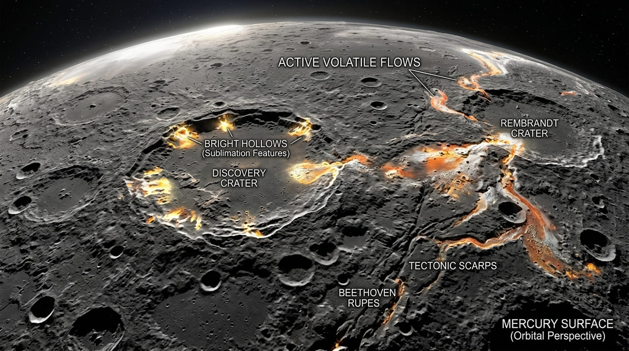 Novas análises da NASA identificaram estruturas semelhantes a geleiras compostas por sais e materiais voláteis em Mercúrio. A descoberta desafia a antiga visão de um mundo rochoso estático, sugerindo que o planeta mantém uma dinâmica interna complexa e fluxos geológicos ativos em seu subsolo.
