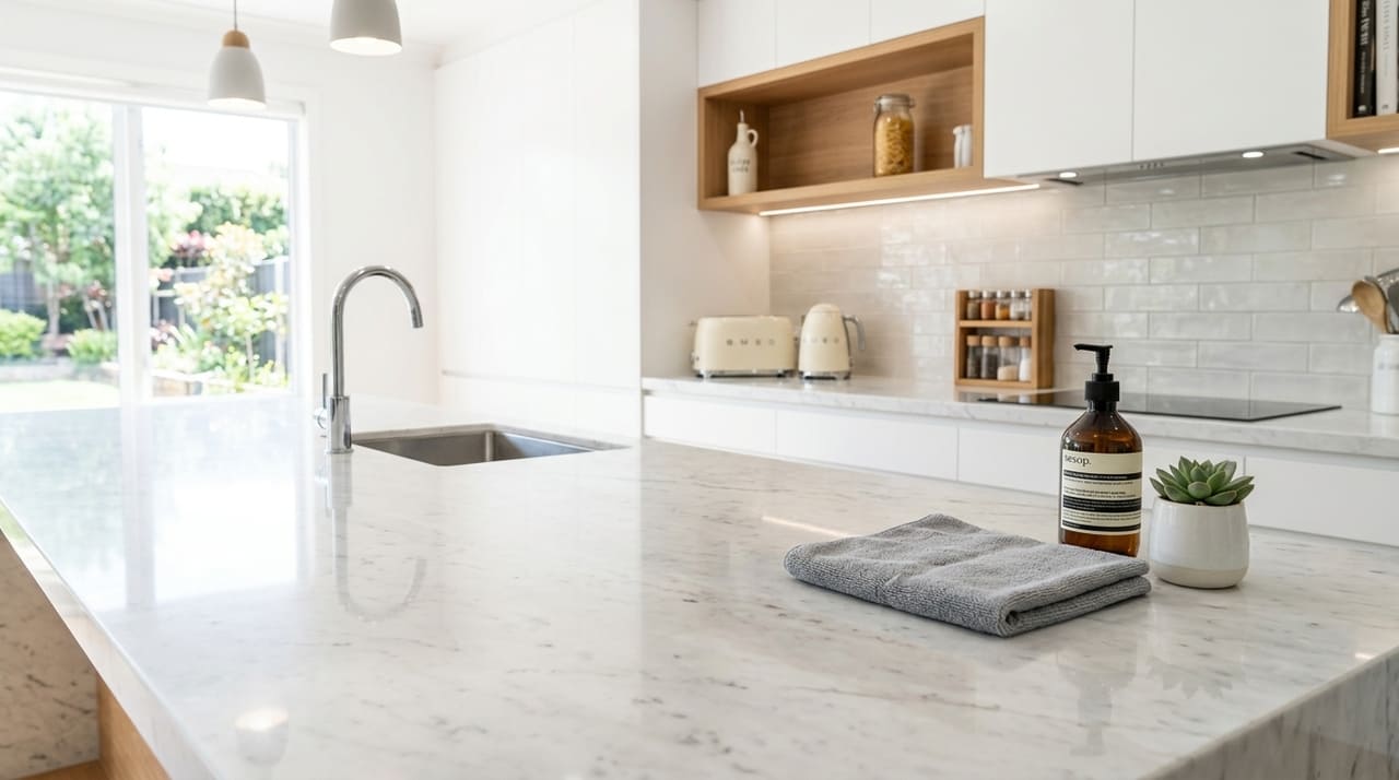 A limpeza com produtos de pH neutro evita manchas profundas e preserva o brilho original da pedra.